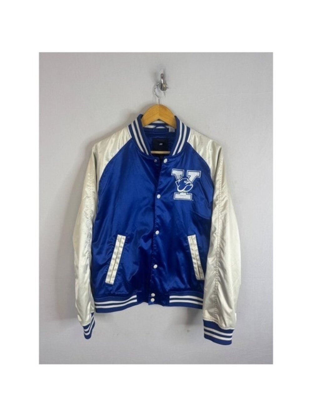 H&M Yale University Varsity Bomber Jacket Blue Cream Satin Mens Large